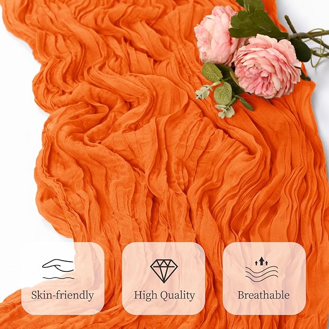 12 Pack Orange Cheesecloth Table Runner 17x108 Inch Semi Sheer Boho Gauze Cheese Cloth Fabric Table Runners, for Wedding Party Baby Shower Birthday Home Decor Garden Farmhouse