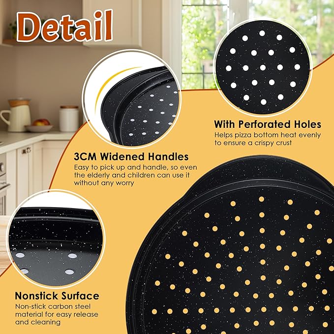 2P Non Stick Pizza Pans - 12” Round Pizza Tray with Holes and Handle, Carbon Steel Pizza Pan for Oven, Dishwasher Safe, PFOA Free