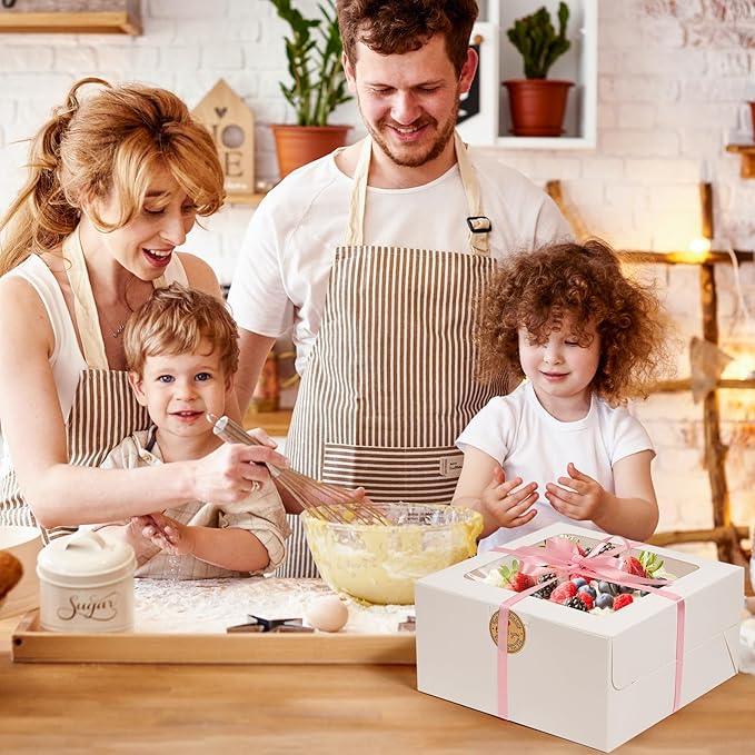 26pcs 10x10x5 Inches White Bakery Boxes Cake Boxes, White Bread Boxes with Windows for Pastries, Cupcakes,Cookies, Pie, Muffins and Donuts, Cake Boards Included