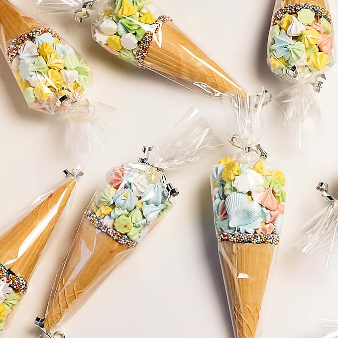 Morepack Cone Shaped Cellophane Treat Bags, 5x10 Inches Clear Triangle Plastic Bags for Popcorn Favor, Candy, 100 Pieces