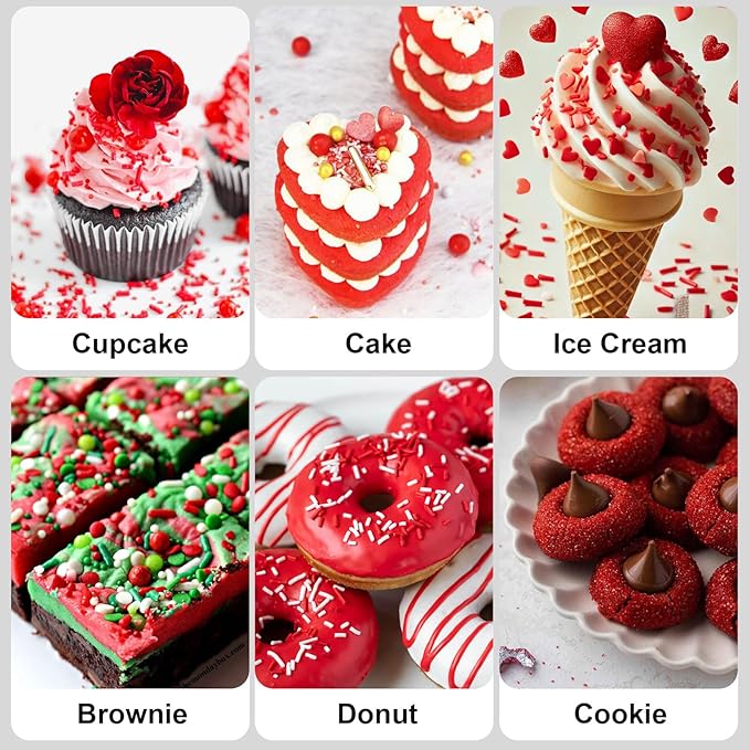 HUEBEATY 6-in-1 Christmas Red Sprinkles for Cake Decorating - 180g Red Heart Shaped Confetti Sprinkles, Edible Sugar Pearls, Sanding Sugar & Jimmies, Grinch Christmas & Valentines Sprinkles for Cookies, Cupcakes Baking