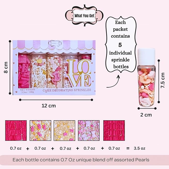 Confect Girls Baby Shower Sprinkles | Mix Gold, Pink & Silver Sprinkles | Pearls Dragees & Jimmies | Asssorted Pack of 5 Mix Heart, Start, Baby Rattle & Teddy Sprinkles | Vegan, Gluten-Free, Nut-Free, Soy-Free, Dairy-Free, Palm Oil-Free - 5 Oz