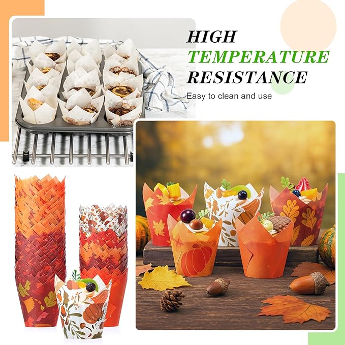 500 Counts Thanksgiving Tulip Cupcake Liners Birthday Party Muffin Cupcake Baking Liners Grease Proof Cake Liner Holders for Fall Christmas Halloween Birthday Party(Leaf)
