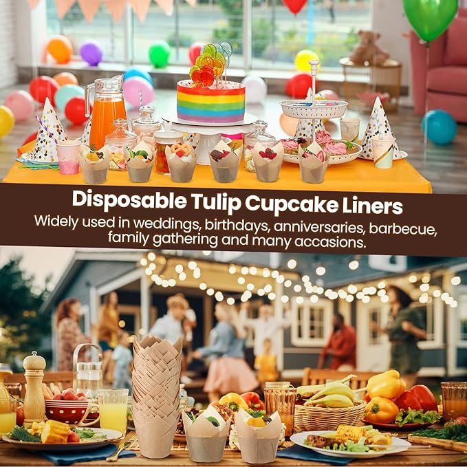 600 Pcs Tulip Cupcake Liners for Baking Muffin Liners Printed Baking Cups Holders Greaseproof Wrappers Decoration for Cupcake Bouquet Birthday Party Wedding Bride Shower (Kraft Paper Color)