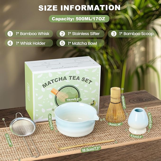 Matcha Whisk Set,Ceramic Matcha Kit Set Includes Bowl with Spout, Whisk,Holder,Bamboo Scoop and Sifter,5 pcs Matcha Tea Kit for Matcha Lovers, Ideal Gift Christmas, Birthday (Blue gradient)