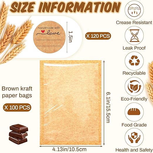 Outus 100 Pcs Cookie Packaging Bags with Seal, 4 x 6 Inch Bakery Pastry Bags with Window, Heat Sealable Grease Resistant Paper to Go Bake Sleeves for Gift Giving Donut Bread Sandwich (Brown)
