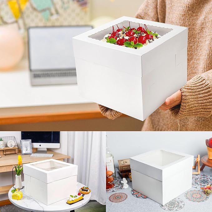 Cake Boxes 10×10×8 inch White Tall Cake Boxes with Window Cajas Para Pasteles for Cakes, Pies, Pastries, Birthday, Party (15 Pack)