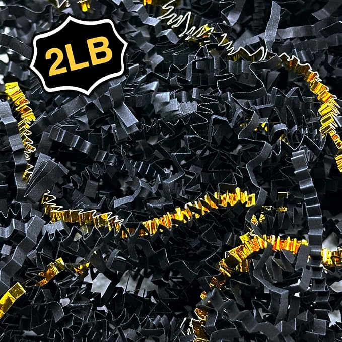 2LB Crinkle Cut Paper Shred Filler for Bag Gift Box Basket Confetti Paper Shreded Stuffing Decoration for Valentine's Day Holiday Party (Gold & Black)