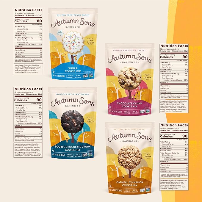 Autumn Sons Baking Co. Gluten Free Cookie Mix Variety Pack. Sugar Cookie, Chocolate Chunk, Double Chocolate Chunk & Oatmeal Cinnamon. Vegan Plant Based Baking Mix. Top 9 Allergen Free. 9.3 oz (Pack of 4)