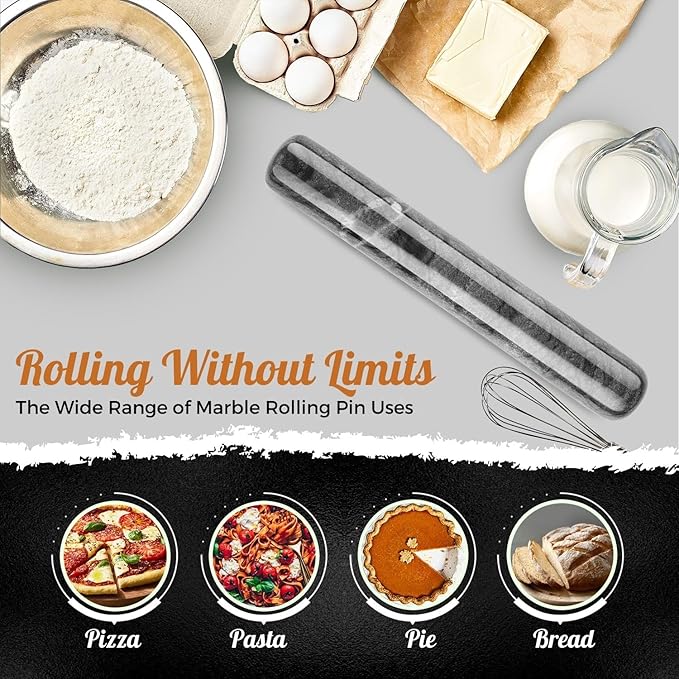 Flexzion Dowel Rolling Pin, 11-inch Black Marble with Wooden Holder Base Stand, Marble Rolling Pin for Baking Pastry Pizza Dough Roller Fondant Cookie Pie Crust Pasta Bakery Roller Pin