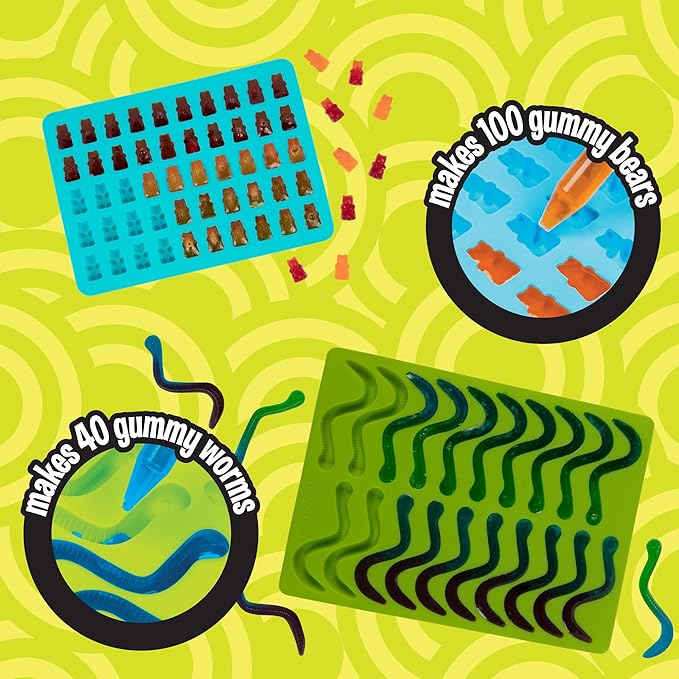 Gummy Bear & Worm Silicone Candy Molds (4pk) BPA-Free Nonstick Trays w 2 Droppers for Chocolate, Ice Cubes & More-Make up to 140 Candies for Holiday Parties-Fun Winter Activity, Gift, Stocking Stuffer