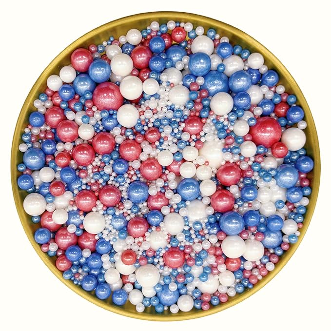 Dynastang Mixed Size Patriotic Pearls Sprinkles Edible Pearls Cake Decorating Pearls Cake Decorations Cupcake Toppers Cookie Decorating Perfect for Cakes, Cupcakes, Desserts Toppings 3OZ