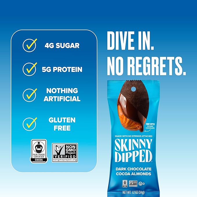 SkinnyDipped Dark Chocolate Cocoa Almonds, Chocolate Covered Almonds, Low Sugar, Gluten Free, Healthy Snack, 1.2 Ounce Bags (Pack of 15)