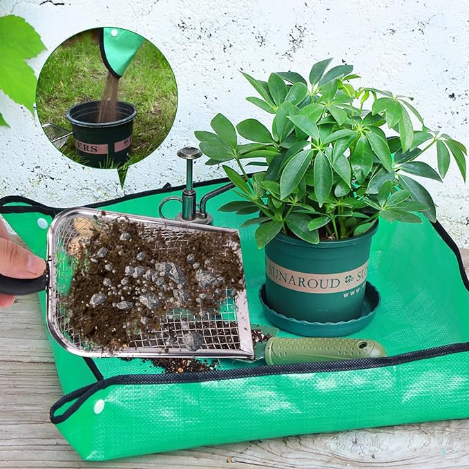 2pcs Gardening Soil Sifter,3.8/5mm Mesh Stainless Steel Sand Soil Compost Sieve and Rock Sieve with Handle for Gardening(Includes Gloves and Repotting Mat)