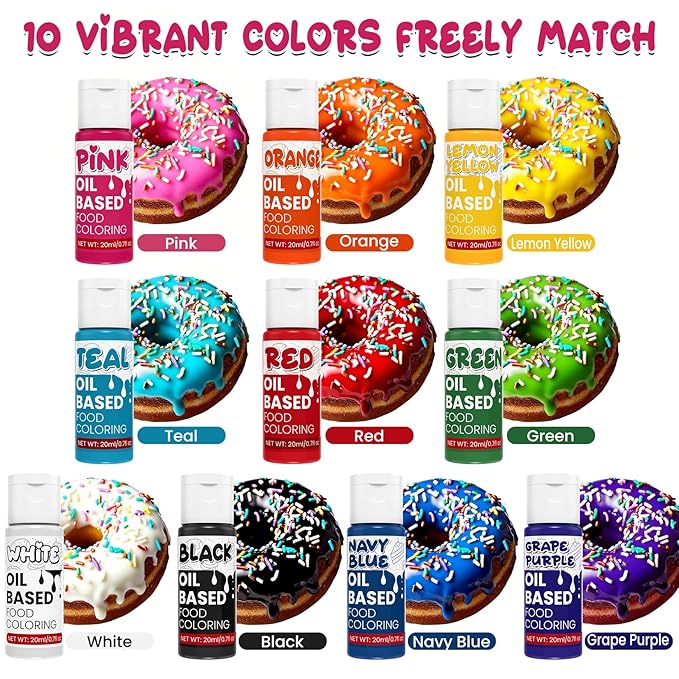 Oil Based Food Coloring - 10 Colors x 20ml Food Coloring for Chocolate, High Concentration Food Grade Food Dye for Baking, Candy, Icing, Fondant, Cake Decoration - 0.7 Fl.Oz/bottles