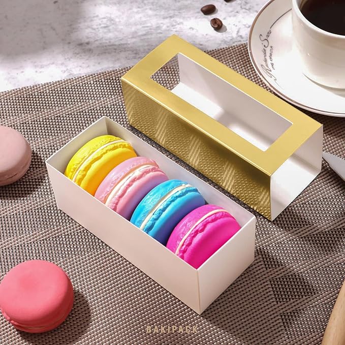 30 Macaron Boxes for 4 or 5 Macarons Gold Macaron Gift Boxes, Candy Boxes, Macarons Box with Clear Window (Interior Measurement 4.8" x 1.9" x 1.9" without Macaron inside)