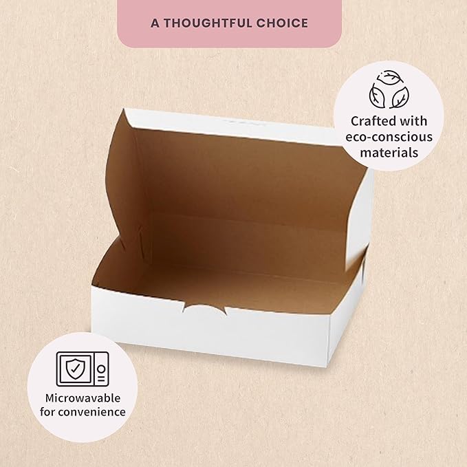 Reversible Bakery Boxes 11 x 7.25 x 3 in, No Window Lock Corner Boxes with Front Tuck Lock & Side Clips, for Danishes, Loaf Cakes & Pastries, Kraft or White Exterior, Microwavable, 100 Pack