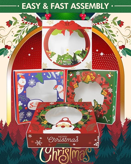 qiqee New Christmas Pie Boxes with Window 10x10x2.5 Inch 12Packs Cookie Donut Bakery Box