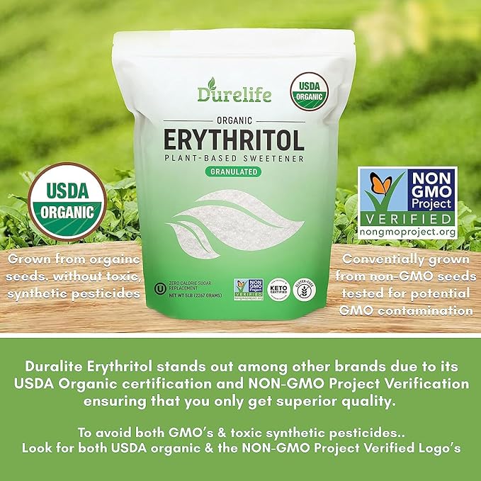 Durelife USDA organic erythritol sweetener, non gmo verified, Keto certified, No After Taste, Kosher, Zero Calorie Plant-Based Sugar Alternative 10 LB
