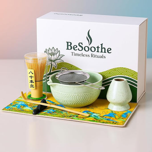 Matcha Whisk Set 8Pcs – BeSoothe Premium Japanese Tea Ceremony Kit, 8 Pcs with Spout Bowl, Bamboo Whisk & Holder, Scoop, Sifter, Tea Towel – Magnetic Gift Box for Matcha Lovers