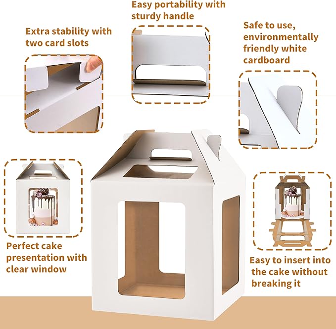 Tall Cake Box with Windows, 10x10x10 inches, Handle, Transport Container for Tiered Cakes, White, 3 Pack