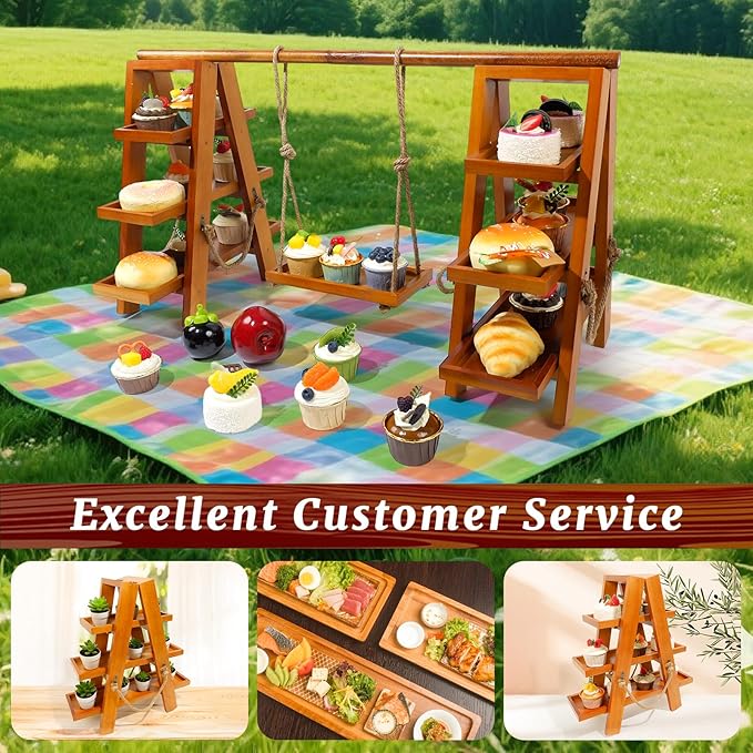 3 Tier Cupcake Stand - Wooden Display Stand for Desserts, Fruits, Nuts, Cheese - Removable Trays and Foldable Stand - Perfect for Parties and Events - Rustic and Unique Wooden Serving Tray