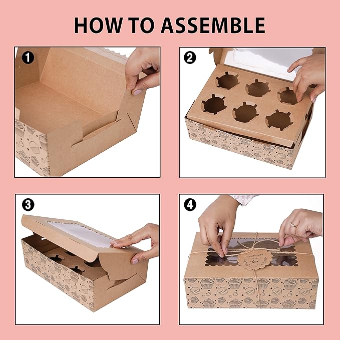 20-Pack Brown Cupcake Boxes with Insert Trays, Tags and Twine | Food Grade Kraft Bakery Boxes with Window to Fit 6 Cupcakes