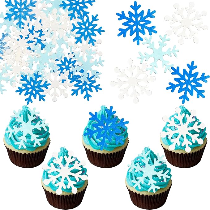 Gyufise 60Pcs Edible Snowflake Cupcake Toppers Winter Cupcake Picks Water Paper Winter Frozen Cake Decorations for Snowflake Theme Baby Shower Kids Birthday Party Supplies Light Blue White