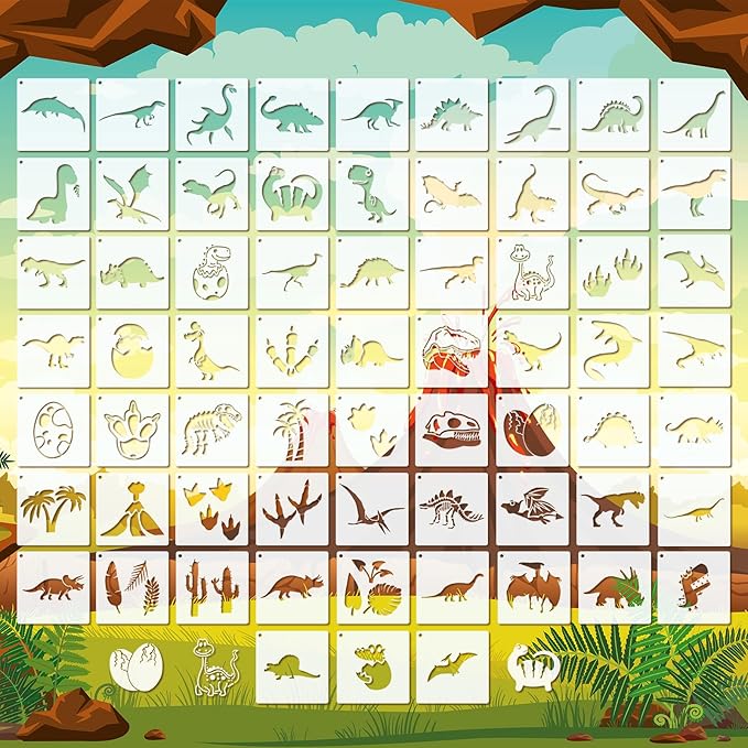 66 Pcs Small Stencils for Crafts Reusable 3 Inch Stencils for Painting on Wood DIY Craft Paint Template for Wall Home Decor Card Rock Canvas Drawing Holiday Ornament(Dinosaur)