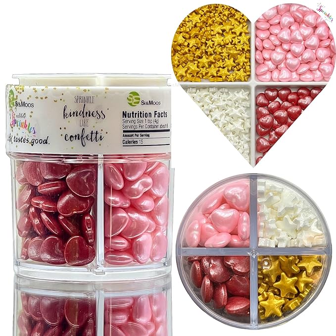 SE Si&Moos White and Gold Star Candy Red and Pink Heart Sprinkles Star and Heart Cake Decorations Edible Stars Valentine Sprinkles for Cakes, Cupcakes, Cookies, Shower Party Birthday Holiday Supplies 3.5 OZ