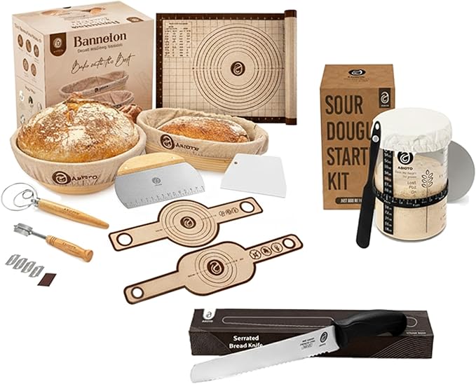 Sourdough Bread Making Kit with 9" Round & 10" Oval Bannetons, 34 oz Starter Jar & Serrated Knife – Complete Artisan Bread Kit with Whisk, Lame, Scrapers, Slings, Mat, Spatula & Cloth Covers