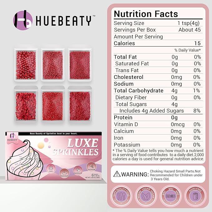 HUEBEATY 6-in-1 Christmas Red Sprinkles for Cake Decorating - 180g Red Heart Shaped Confetti Sprinkles, Edible Sugar Pearls, Sanding Sugar & Jimmies, Grinch Christmas & Valentines Sprinkles for Cookies, Cupcakes Baking