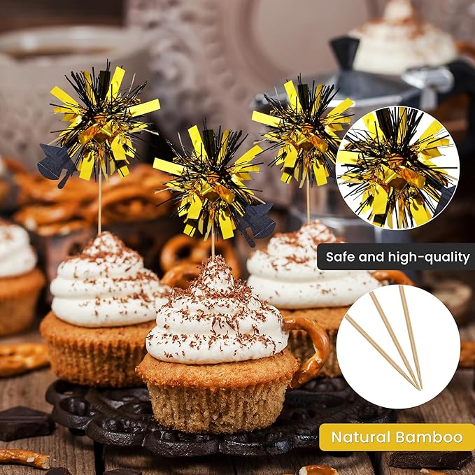 24Pcs Graduation Cupcake Toppers,Class of 2025 Foil Firework Cupcake Toppers Tinsel Food/Appetizer Picks For Graduation CupCake Decorations Supplies Favor