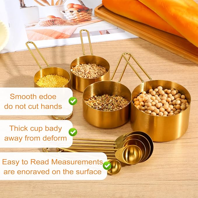 9 Pcs Golden Stainless Steel Measuring Cups and Spoons Set, Stackable & Long Handle, Premium Metal Measuring Cups and Stainless Steel Measuring Spoons Set for Liquid & Dry Ingredients Baking Cooking