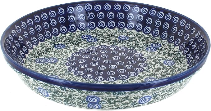 Blue Rose Polish Pottery - Green Seaside Swirl Pie Plate - 9.75" Diameter - Ceramic Baking Dish, For Pies, Quiches & Desserts