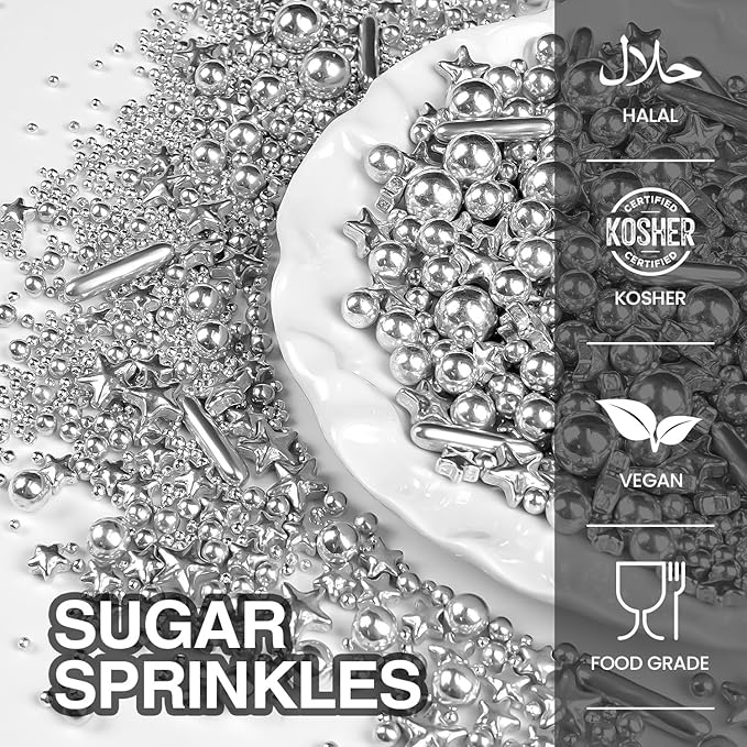 Silver Pearl Rods Star Sugar Christmas Sprinkles, Silver Sprinkles for Cake, Edible Pearls Baking Candy, 150g/5.29oz Mix Size, Cupcake Decoration, Wedding Party Supplies