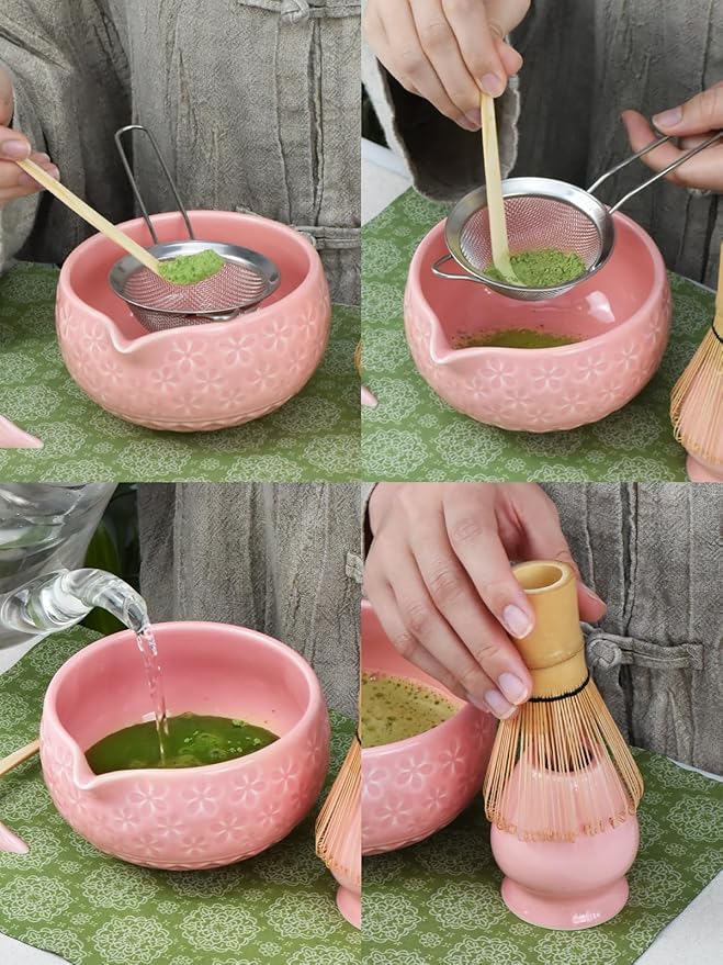 Artcome Matcha Tea Set – Pink Sakura Embossed Ceramic Bowl 17oz with Bamboo Whisk, Whisk Holder, Strainer, Scoop, Tea Spoon, Cloth – Complete Japanese Matcha Kit for Tea Ceremony & Gift