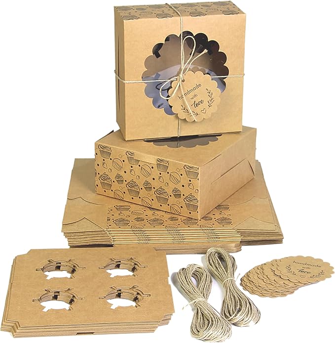 Cupcake Boxes with Insert (Pack of 20), Brown Cupcake Carrier, Food Grade Kraft Bakery Boxes with Windows and Inserts to Fit 4 Cupcakes Muffins or Pastries