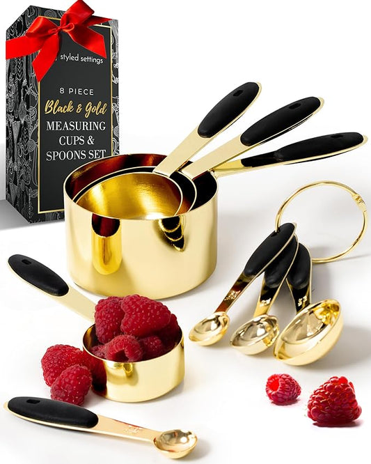 Styled Settings Black and Gold Measuring Cups and Spoons Set - 8PC Stainless Steel Measuring Spoons and Cups Set for Precise Baking & Cooking - Stylish Black and Gold Kitchen Accessories