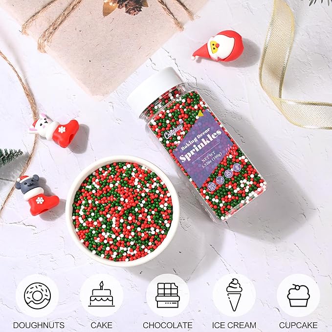 Christmas Sprinkles for Cake Decorating, Red and Green Nonpareils Sprinkles Perfect for Christmas Dessert Party 3.52 Ounce