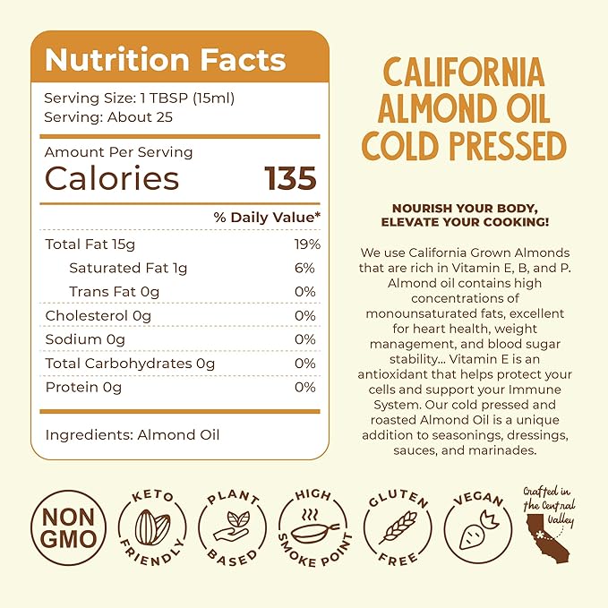 Fresh Vintage Farms 100% Cold Pressed Sweet Almond Oil | Nutrient-Rich Healthy Cooking Oil for Cooking, Baking, Grilling, Dipping, & Salads | Cold Pressed Almond Oil - 12.68 Fl oz, Pack of 1