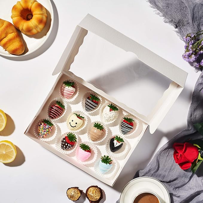 24PCS 10 x 7 x 2.5 inches Elegant White Cookie Boxes, Strawberry Boxes with Clear Window,Paper Gift Box