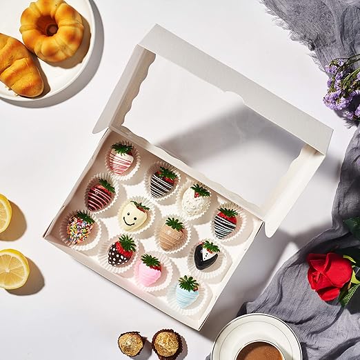 12PCS 10 x 7 x 2.5 inches Premium Fancy White Strawberry Boxes, Cookie Boxes, Elegant White Bakery Box with Display Window