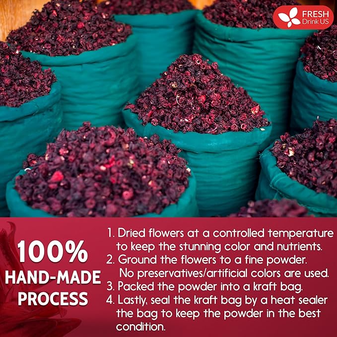 FreshDrinkUS, Premium 16oz Hibiscus Flower Powder, 100% Natural and Pure from Hibiscus Flowers, Natural Food Coloring, No Additives, No Gluten, No Sugar, Vegan