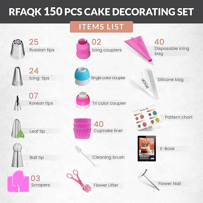 RFAQK 150PCs Russian Piping Tips Complete Set - Cookie,Cupcake Decorating Supplies Kit -Cake Piping Tips Set(24 Icing Tips+25 Russian+7 Ruffle+Leaf&Ball+41 Pastry Bags+EBook)