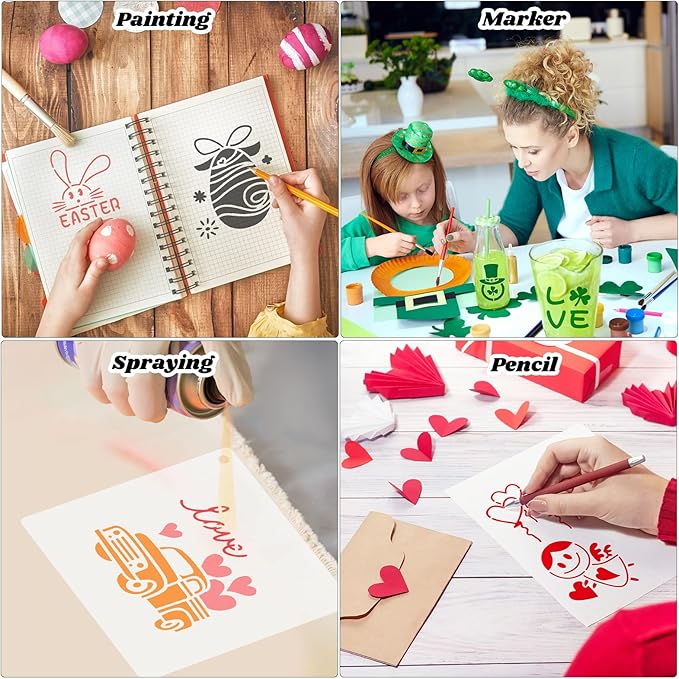 100 Pcs Stencils for Painting on Wood Reusable Stencil Crafts Drawing Templates Holiday Wall Paper for DIY Scrapbook Home 2 x 2 Inch(Bunny, Shamrocks, Heart)