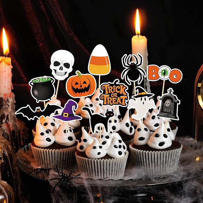 24 PCS Halloween Cupcake Toppers, 12 Designs Halloween Cake Decorations, Pumpkin Ghost Spooky Cake Topper, Halloween Birthday Cake Toppers for Theme Babyshower Kids Party Supplies