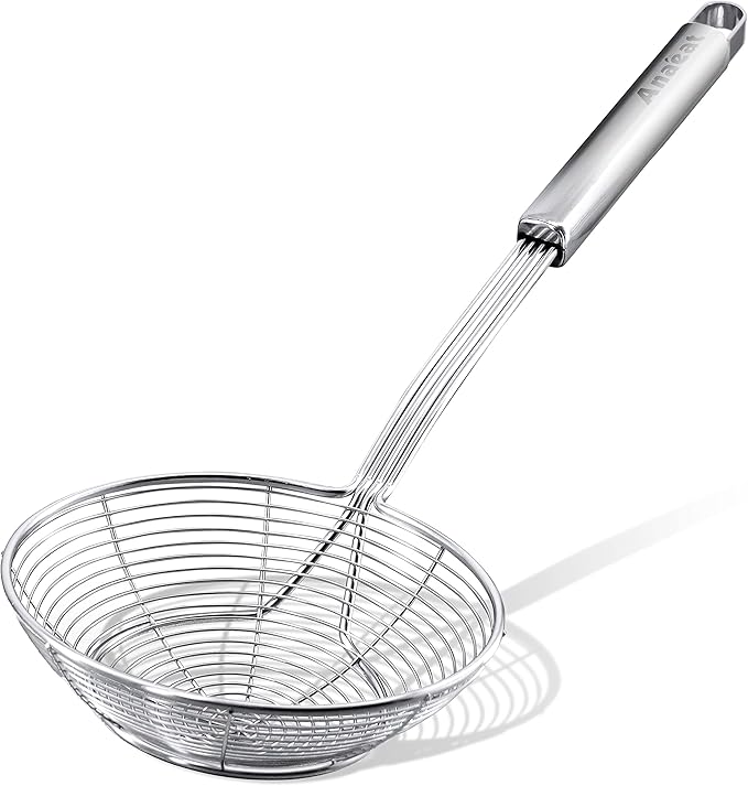 Anaeat Stainless Steel Spider Strainer Skimmer - Solid Kitchen Strainer Ladle with Long Handle for Cooking and Frying, Reinforced Double Coil Slotted Spoons for Pasta, Noodle, Spaghetti (5.5 Inch)