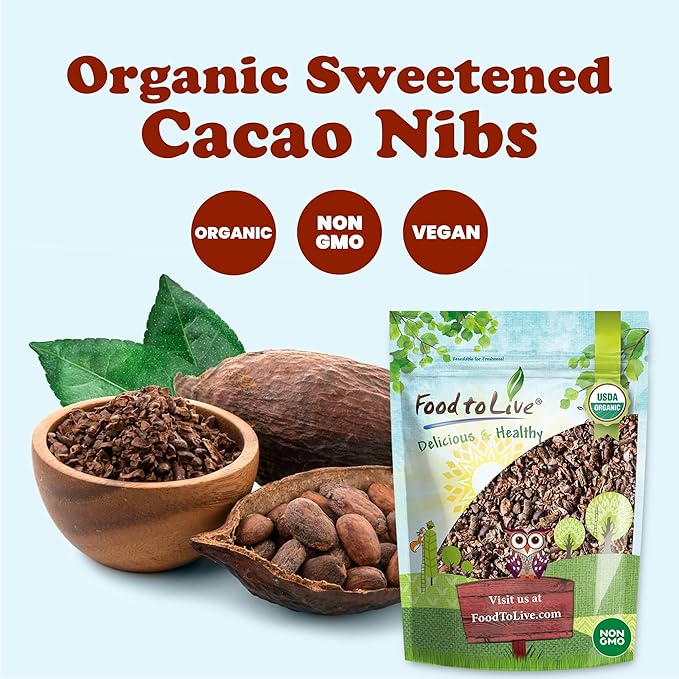 Food to Live Organic Sweet Cacao Nibs, 7 Pounds – Non-GMO, Lightly Sweetened with Coconut Sugar, Raw, Non-Irradiated, Vegan, Kosher, Bulk, Great for Snacking, Baking & Smoothies. High in Antioxidants