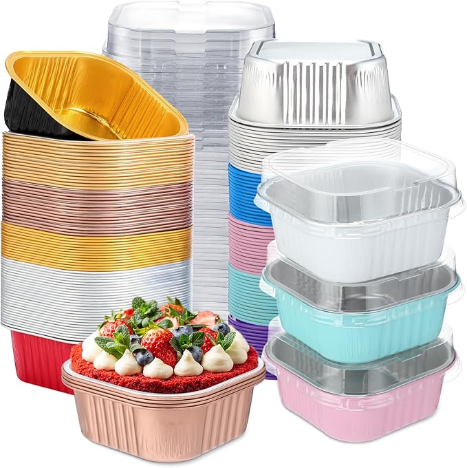 Aoriher 300 Pieces 10 oz Mini Cake Pans with Lids, Aluminum Foil Baking Cups, Square Disposable Cupcake Cups Baking Tins for Wedding Birthday Party Supplies(Colorful)